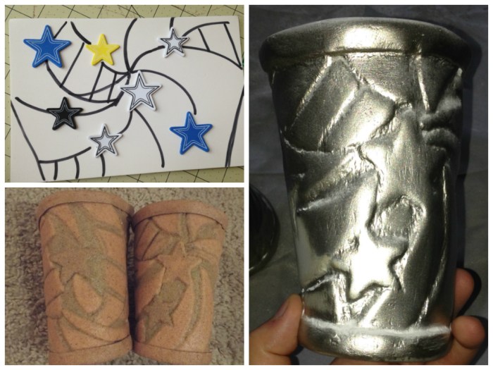 A little WIP collage. Top left: Figuring out placement. Bottom left: After sandwiching the Worbla. Right: After my first layer of silver paint.