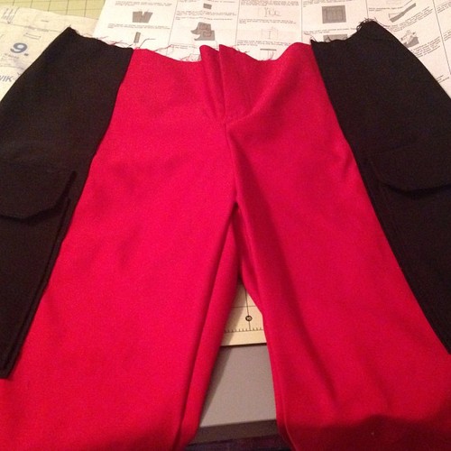 Pants for a Deadpool commission I'm working on. These bad boys are now finished other than the hem. 