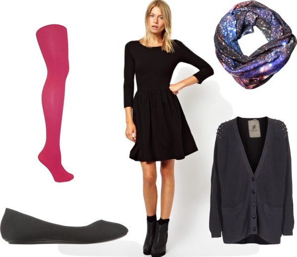 One of my most common daily outfits: skater dress with leggings/tights, ballet flats, and a cardigan! 