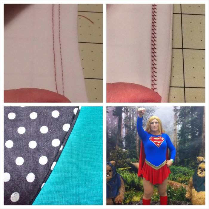 The top two images are the front and back sides of a stitch with a twin needle. The top side is straight and the back has a zigzag to it, which allows the stretch. Bottom left is a basic zigzag, which I used on my Lady Skater. Bottom right is Supergirl. I used bands from my Renfrew to finish the sleeves. 