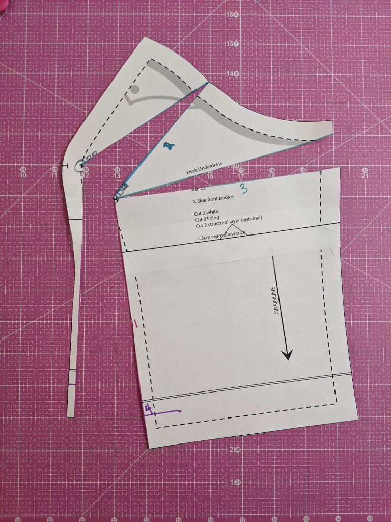 Overhead shot of side front bodice piece, but along the lines indicated in the following step.