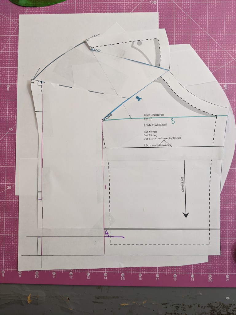 Overhead shot of side front bodice piece. A curved line connects the opening at the top of the side front seam.