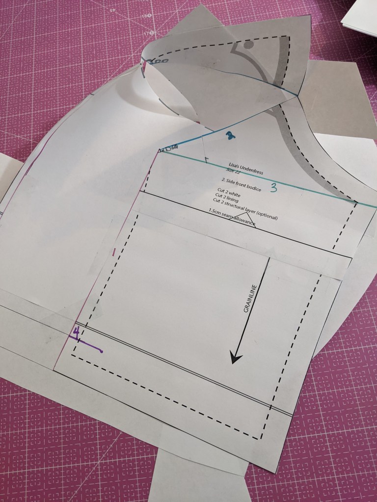 Overhead shot of side front bodice piece. The side seam is now closed, resulting in a bubble at the side front seam at the bust point.